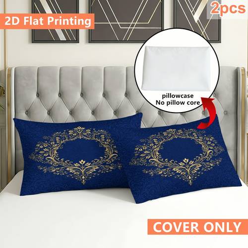 2d düz 2li altın çiçekli i̇şlemeli yuvarlak çerçeveli mavi damask baskılı yastık kılıfları, (yastık i̇çi dolgusu dahil değildir), ev dekorasyonu i̇çin mükemmel, yastık i̇çi dolgusu dahil değildir, yatak & kanepe i̇çin dekoratif yastık kılıfları, yatak odası