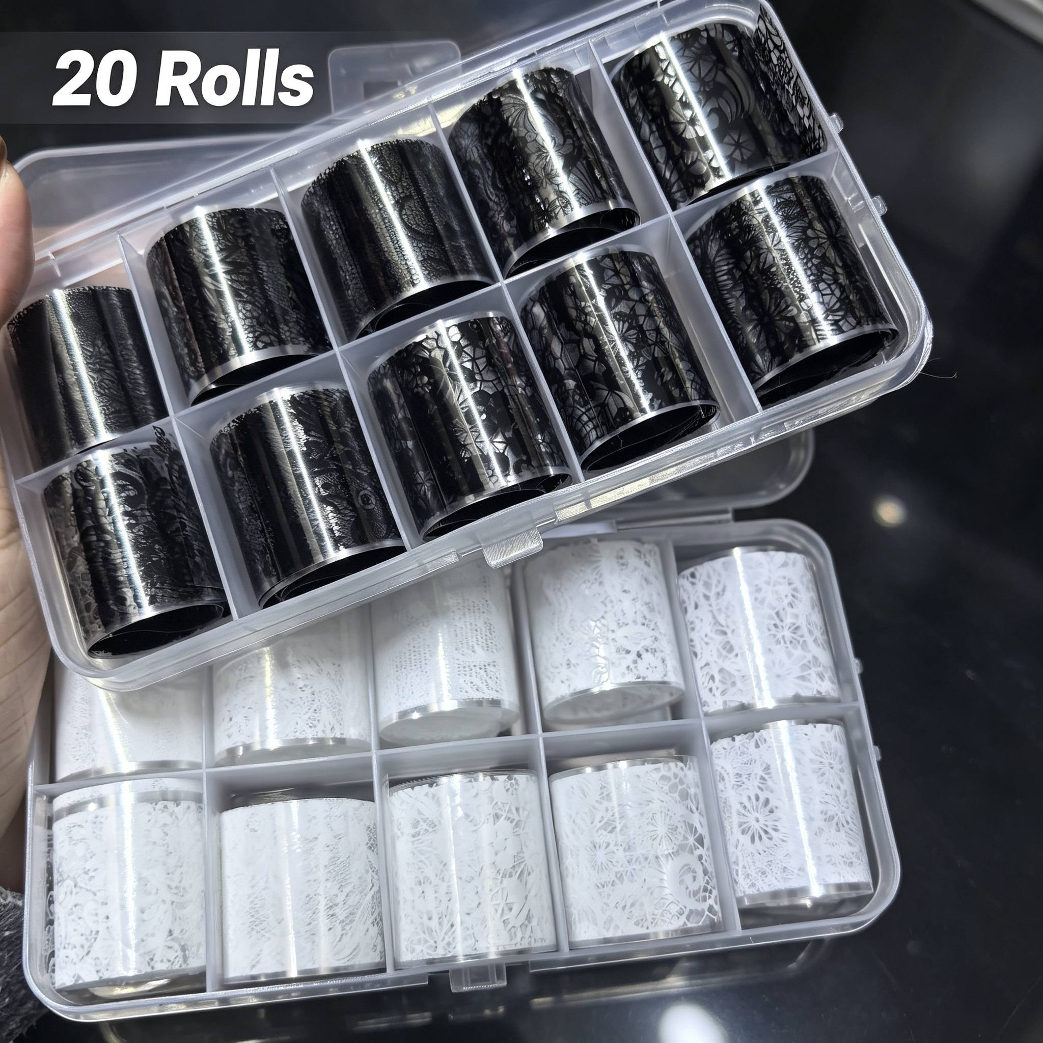 TEMU 20 Rolls Vintage Black White Lace Nail Foil Transfer Sheets Gothic Floral Lace Art Foil Decals Diy Manicure Decor Accessories For Acrylic Nails