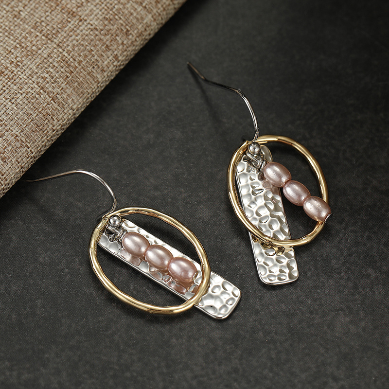 Women's Two-Tone Hammered Oval Hoop Drop Earrings, Minimalist Boho