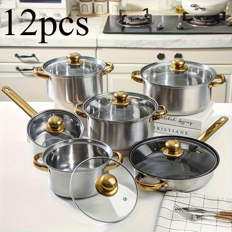 stainless steel cookware set + 6 lids golden handles - Temu Oman