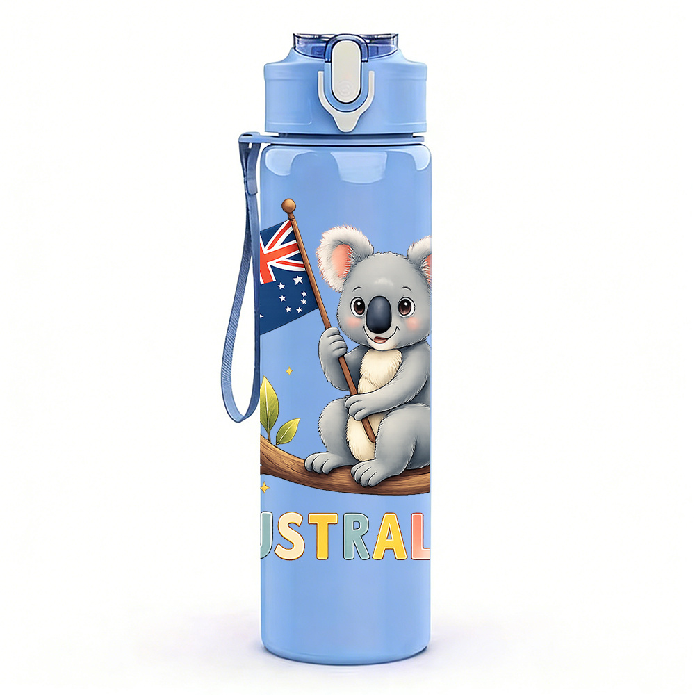 TEMU 1pc Australian Flag Koala Pattern 750ml Colorful Plastic Sports Water Bottle, Leak-proof With Pop-up Lid, Ideal For Outdoor Sports, Running,