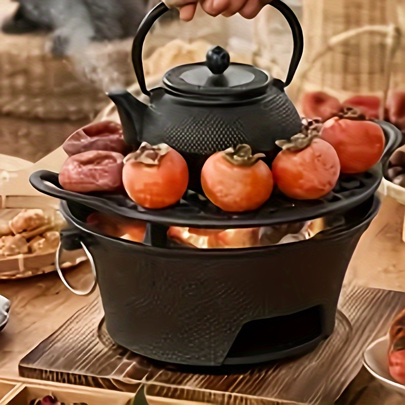 1pc Round Outdoor Cast Iron Durable Portable Grill, Charcoal Bbq , Wooden Board With Stainless Steel Mesh Tray For Tea Cooking, Bbq Portable, Non-flammable Suitable For Outdoor Camping, Family Bbq Cup