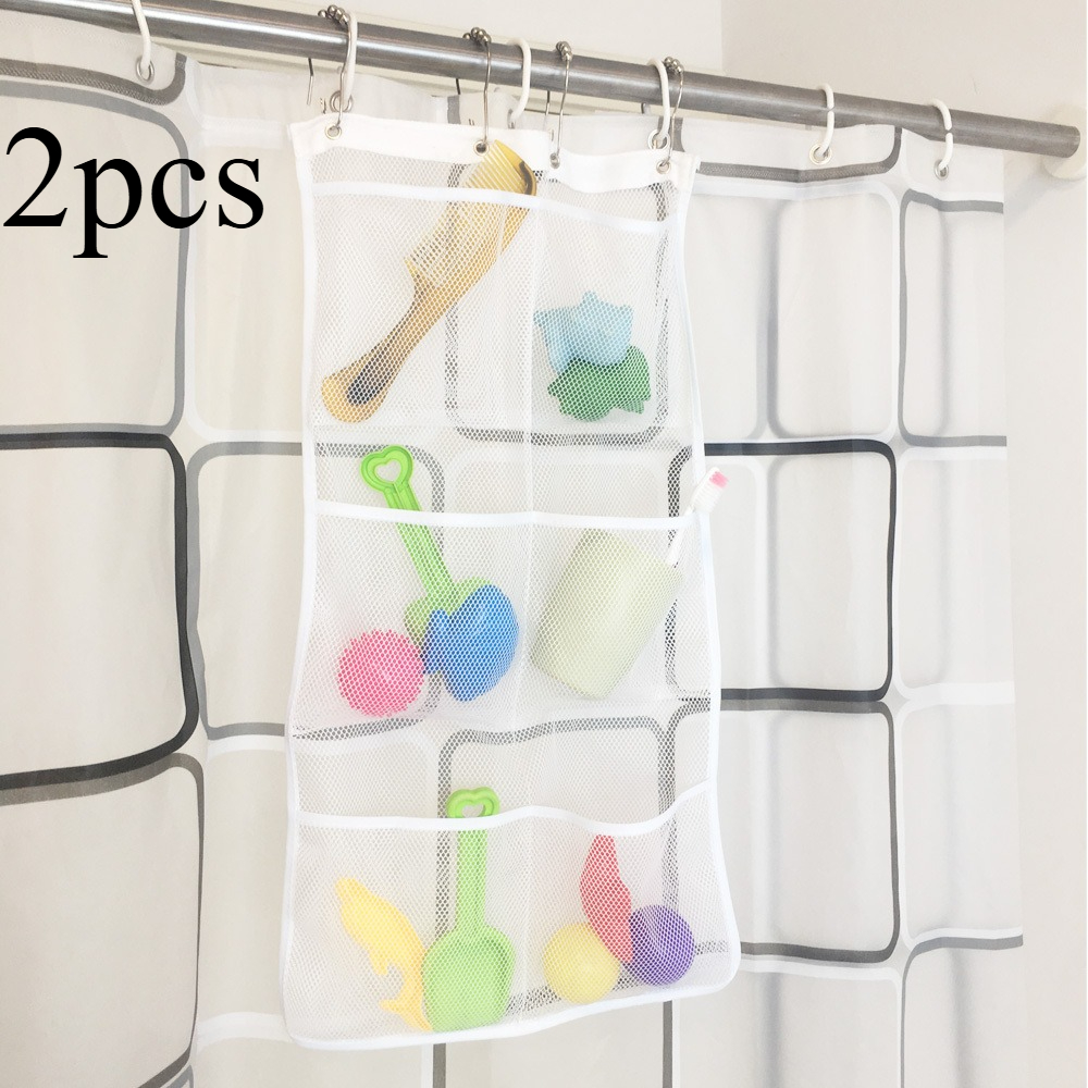 TEMU 2pcs Organisateur de douche en blanche avec 6 poches et 4 anneaux/crochets suspendus à la tringle de rideau de douche pour fournitures de salle