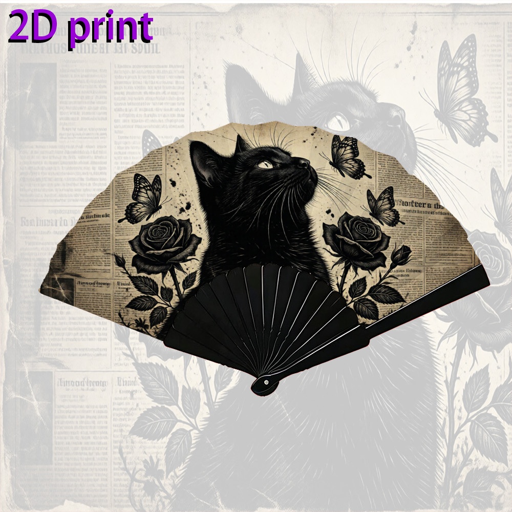 TEMU A Stylish Handheld Folding Fan For Men And Women With A Vintage Black Cat Silhouette Illustration, Perfect For Edm, Disco, Music Festivals, Club