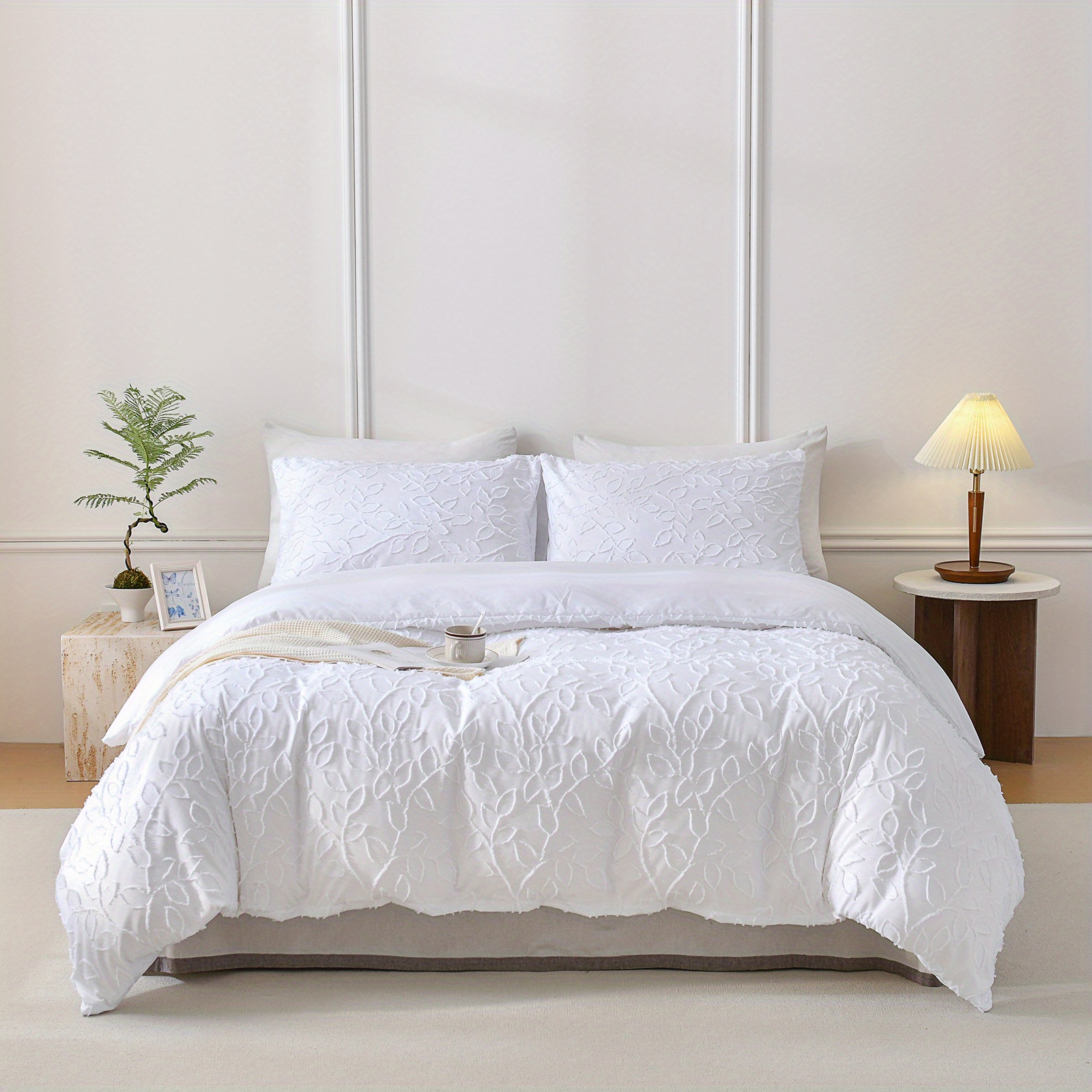 Boho Tufted Duvet Cover Set White Bedding Farmhouse Leaves Tufted Design Duvet Embroidered Quilt Cover Soft Bedding For Girls Teens Adult