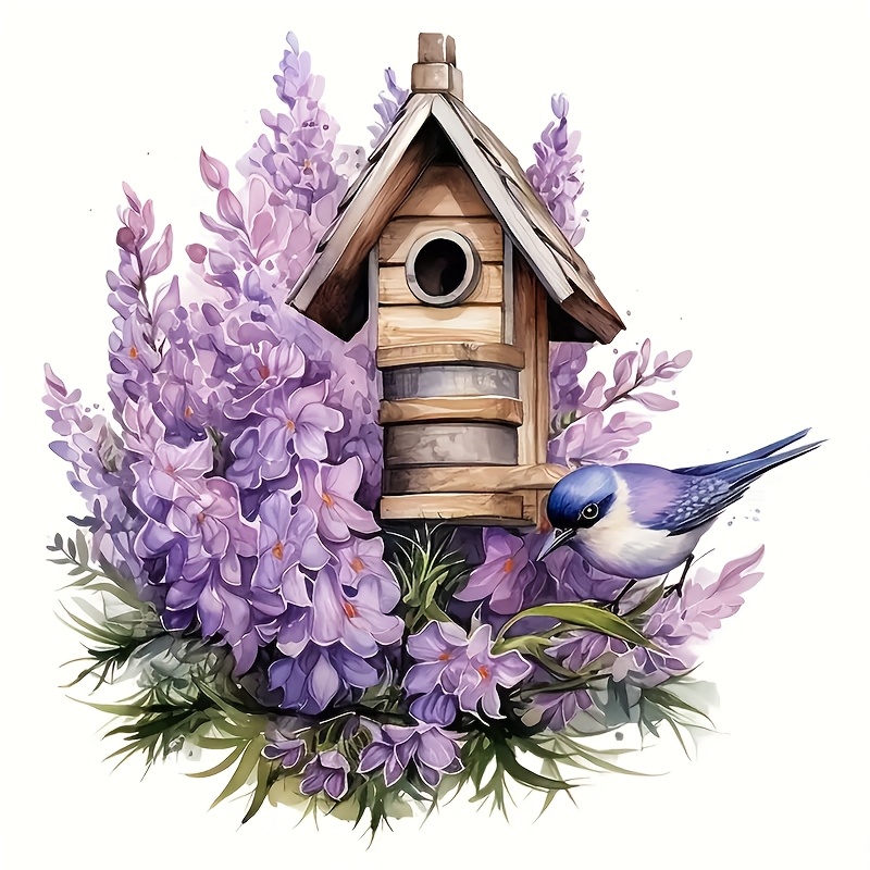 item picture 6 inch birdhouse themed vinyl sticker self   glossy cartoon design with purple flowers and blue   suitable for cars laptops trucks motorcycles walls and smooth    