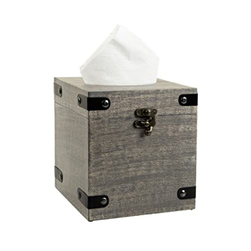1pc solid mango wood tissue box holder with lid - modern rustic grey washed  ,   square design with black legs & hinges, fits bathroom vanity, nightstand, desk - durable & sturdy storage cabinet for tissues, napkins, facial tissues - fits most boxes (5.75” wide) - mango wood construction, easy-access lid & secure closure, space-saving organizer Product details 0