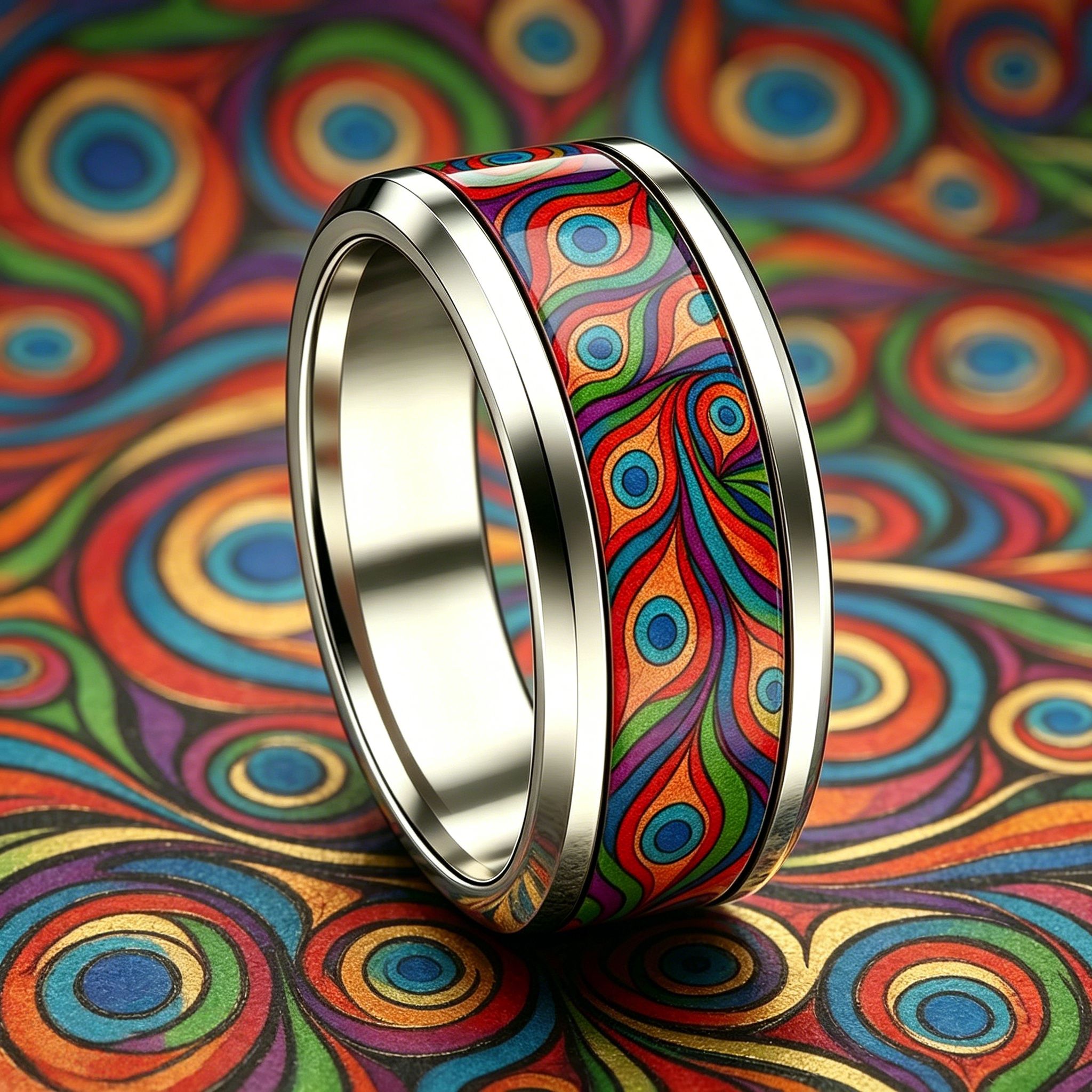 Rainbow Peacock Feather Eye 304 Stainless Steel Ring