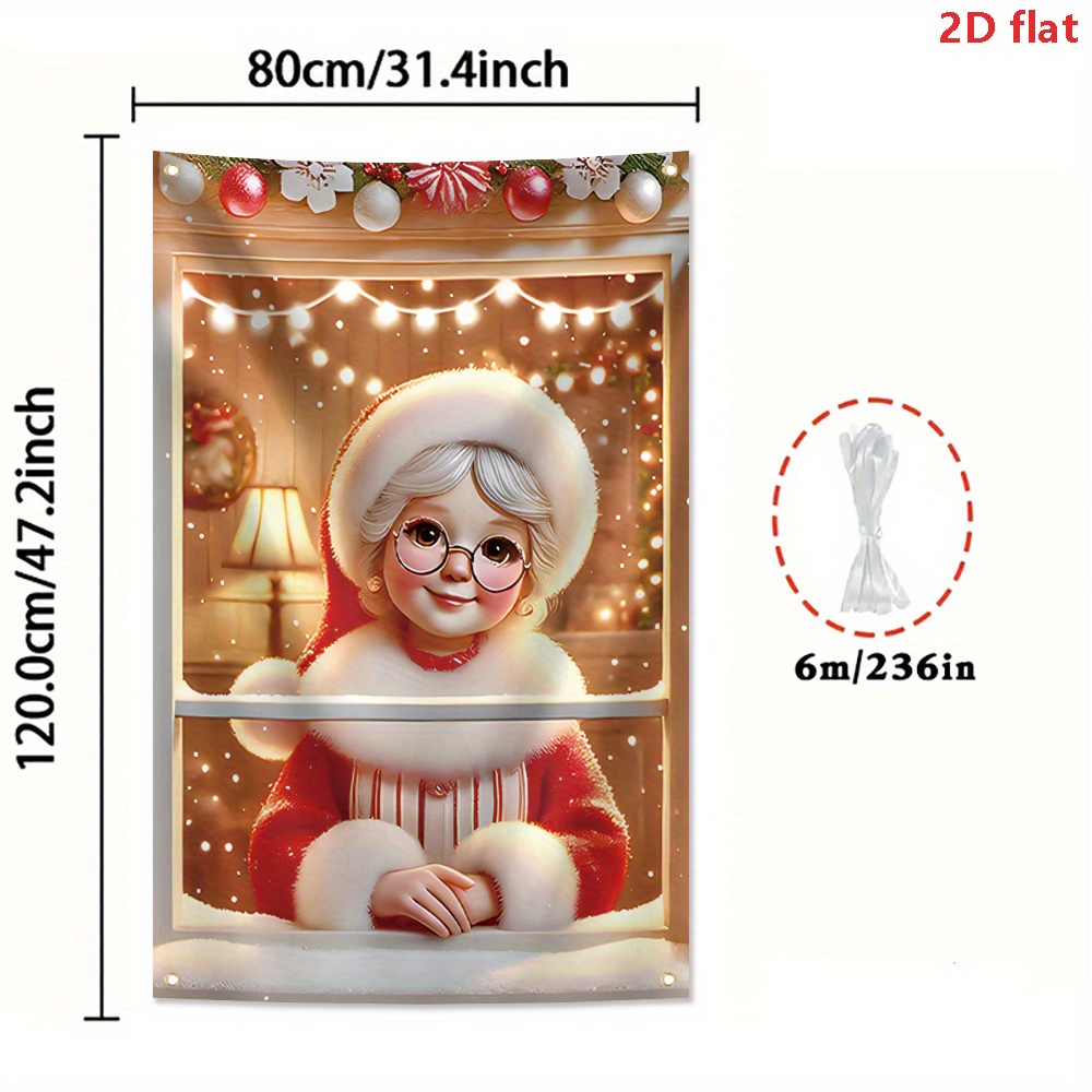 TEMU Julfönsterbanderoll - Självhäftande Mrs. Santa Claus med ljusslingor, Inomhus/Utomhus Dekoration för Hemmet, Kontoret eller Festen - Hållbar