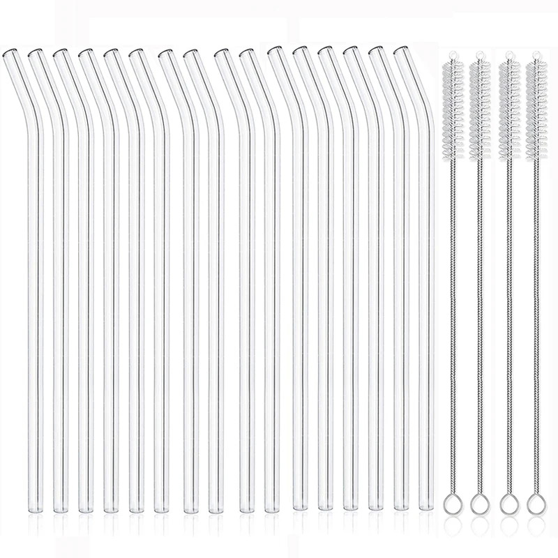 Set Of 16 Reusable Glass Straws, Measuring 20cm By 0.8cm, Includes Bent And Straight Options, Perfect For Smoothies, Cocktails, And Iced Coffee