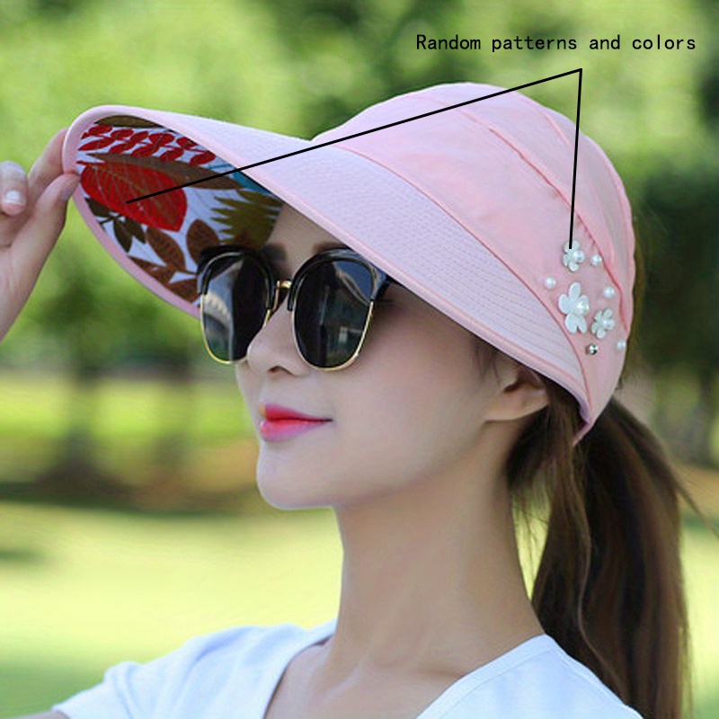 TEMU 1pc Women's Empty Hat, Ponytail Wide Brim Straw Hat With Faux Pearls And Floral Decor - Foldable, Lightweight Breathable, Suitable For Outdoor,