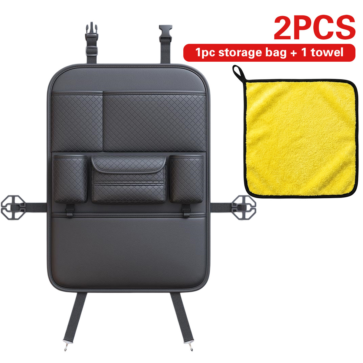 TEMU 2 Pack High Quality Black Car Seat Back Organizer With 1 Car Wash Towel Large Capacity Faux Leather Storage Bag Fits Water Bottle Tablet And