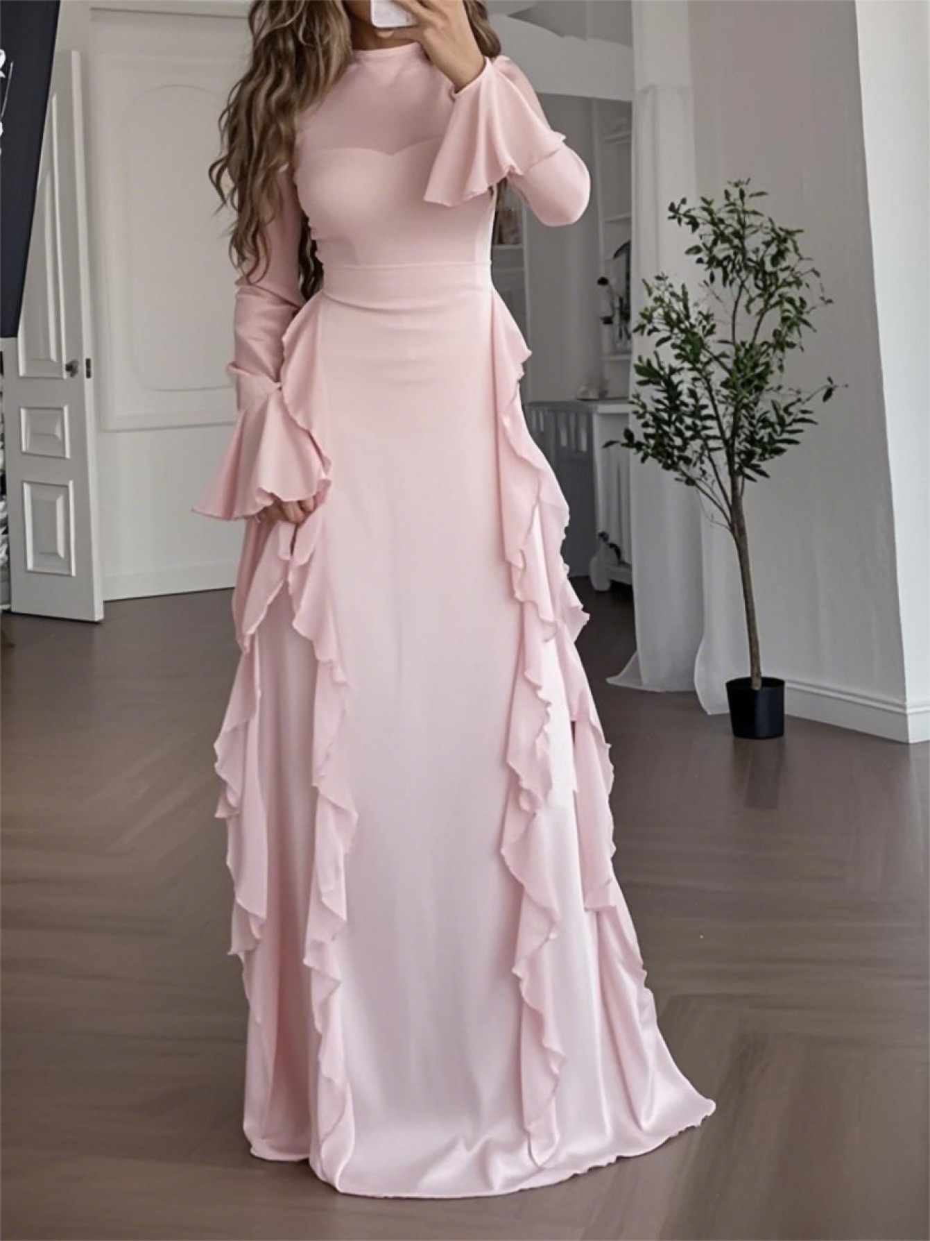 mock neck formal dress with sleeves Mock Neck Lace Bodice Maxi Dress – bebe main image 1