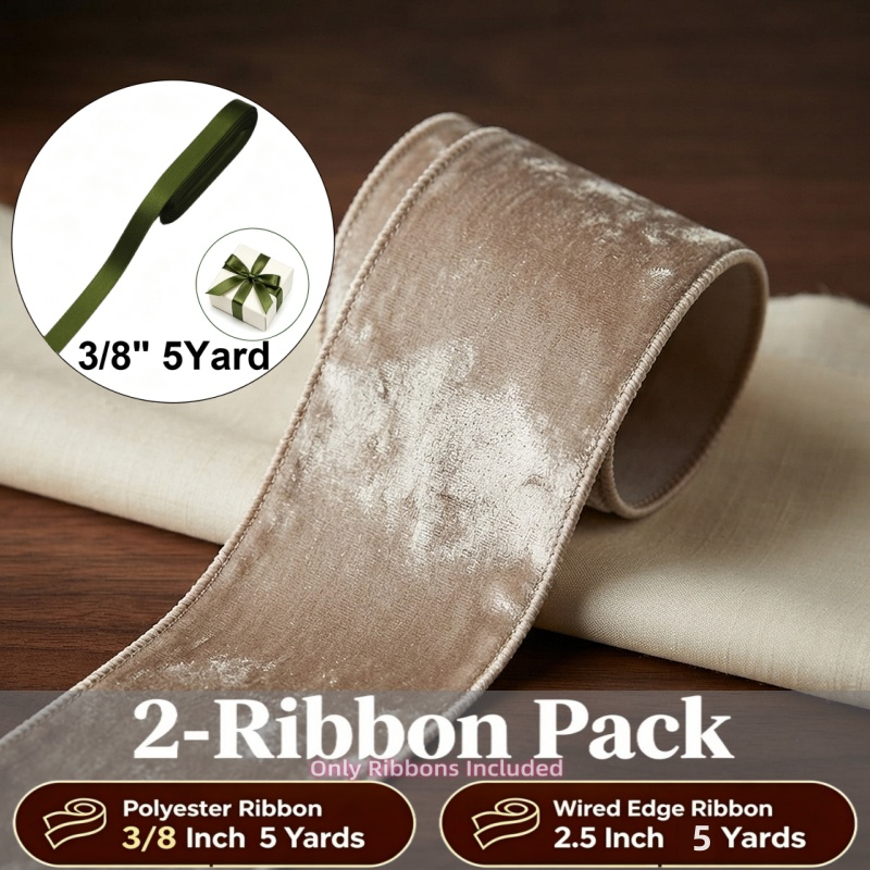 TEMU 2pcs Ribbon Combo | 2.5-inch 5-yard Ribbon With Wire Edge + 3/8-inch 5-yard Ribbon With Wire Edge, Velvet Ribbon For Christmas, Bow Ribbon,
