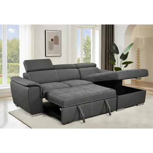 97 inch convertible l shaped sectional sofa with pull out sleeper bed storage chaise adjustable headrests contemporary gray upholstered sofa for small spaces manual recline handles hard floor safe design multipurpose furniture modern living room durable construction sofa for living room