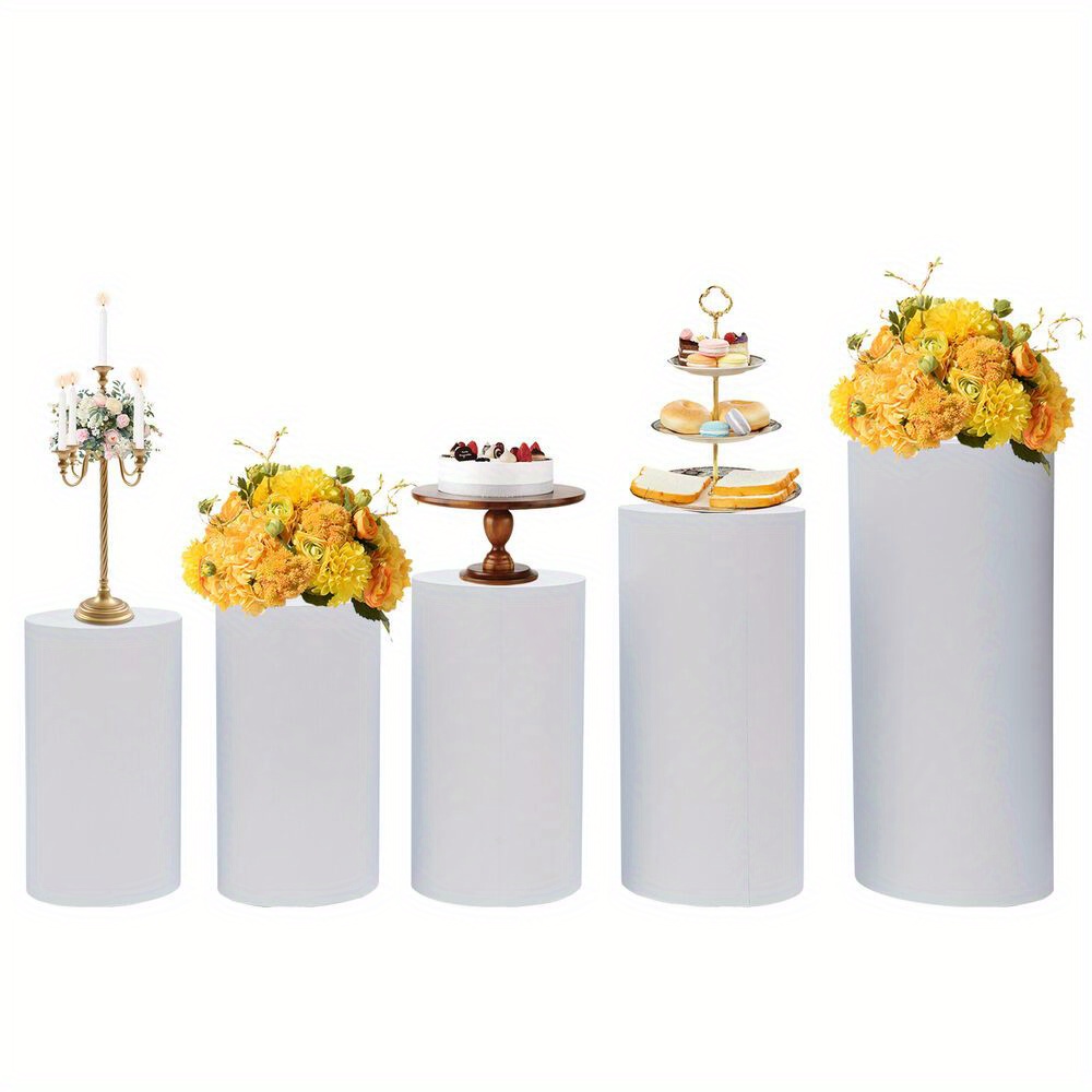 5pcs White Iron Cylinder Pedestal Stands for Wedding and Party Decor – Elegant Round Display Stands for Desserts, Centerpieces, and Events, Durable &amp; Reusable with High-Temperature Baking Paint Finish, Party Display Stands | Floral Decoration Stand | Iron Construction, Wedding Decorations