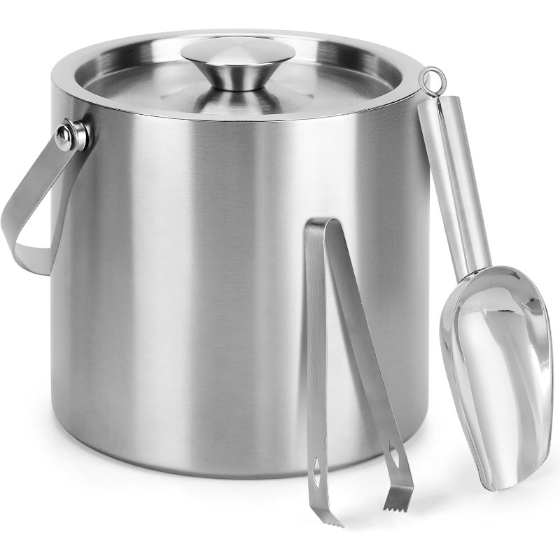 Image of 2l Double Wall Insulated Stainless Steel Ice Bucket With Scoop For Cocktail Bar, Metal Ice Bucket For Freezer With Lid For Parties. Ice Container, Bar Cart Additions (silver)