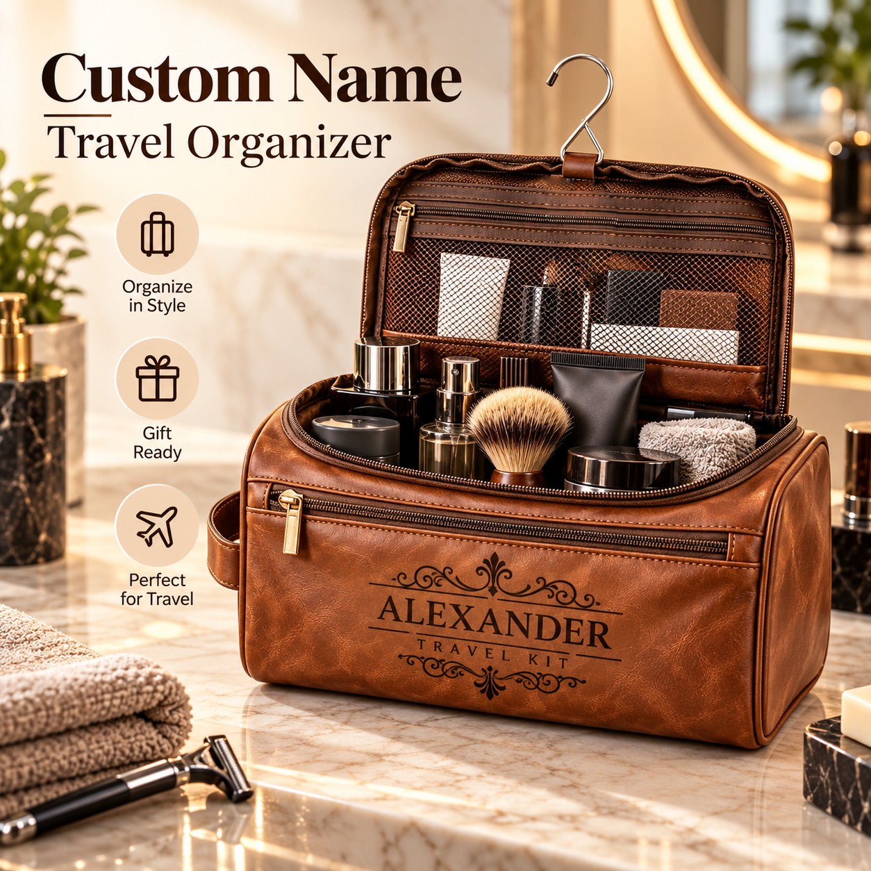 TEMU 1 pièce Trousse de toilette personnalisée pour homme, Trousse de voyage Dopp Kit avec initial de nom personnalisé, Organisateur de rasage