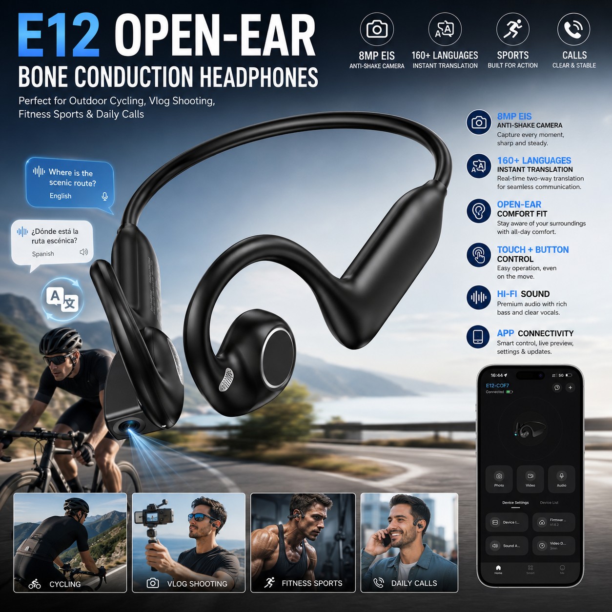 TEMU Auriculares inalámbricos de conducción ósea de oído abierto E12, con cámara EIS de 8MP anti-vibración integrada, soporte para traducción