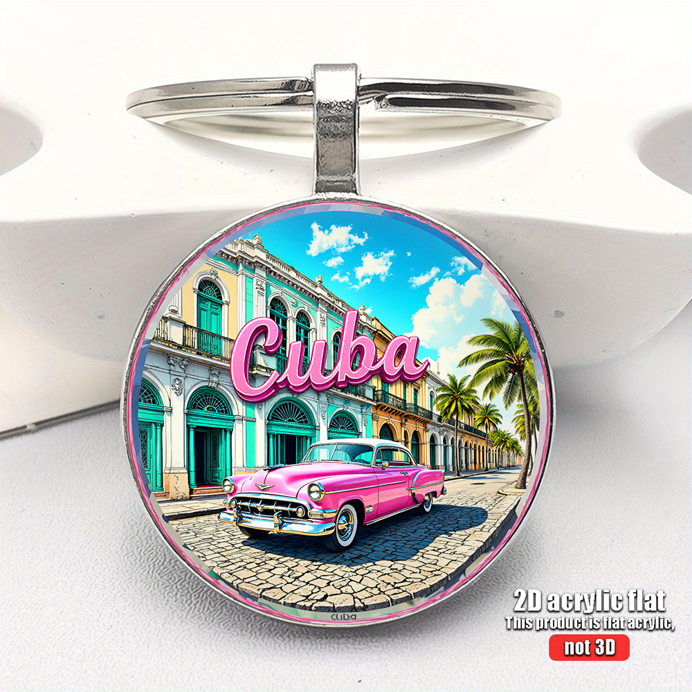 TEMU 2d Flat, 1pc 2d Flat Keychain Featuring A Vintage Cuban Style With Street Art Patterns. A Tropical-themed Accessory Suitable For Car Keys And