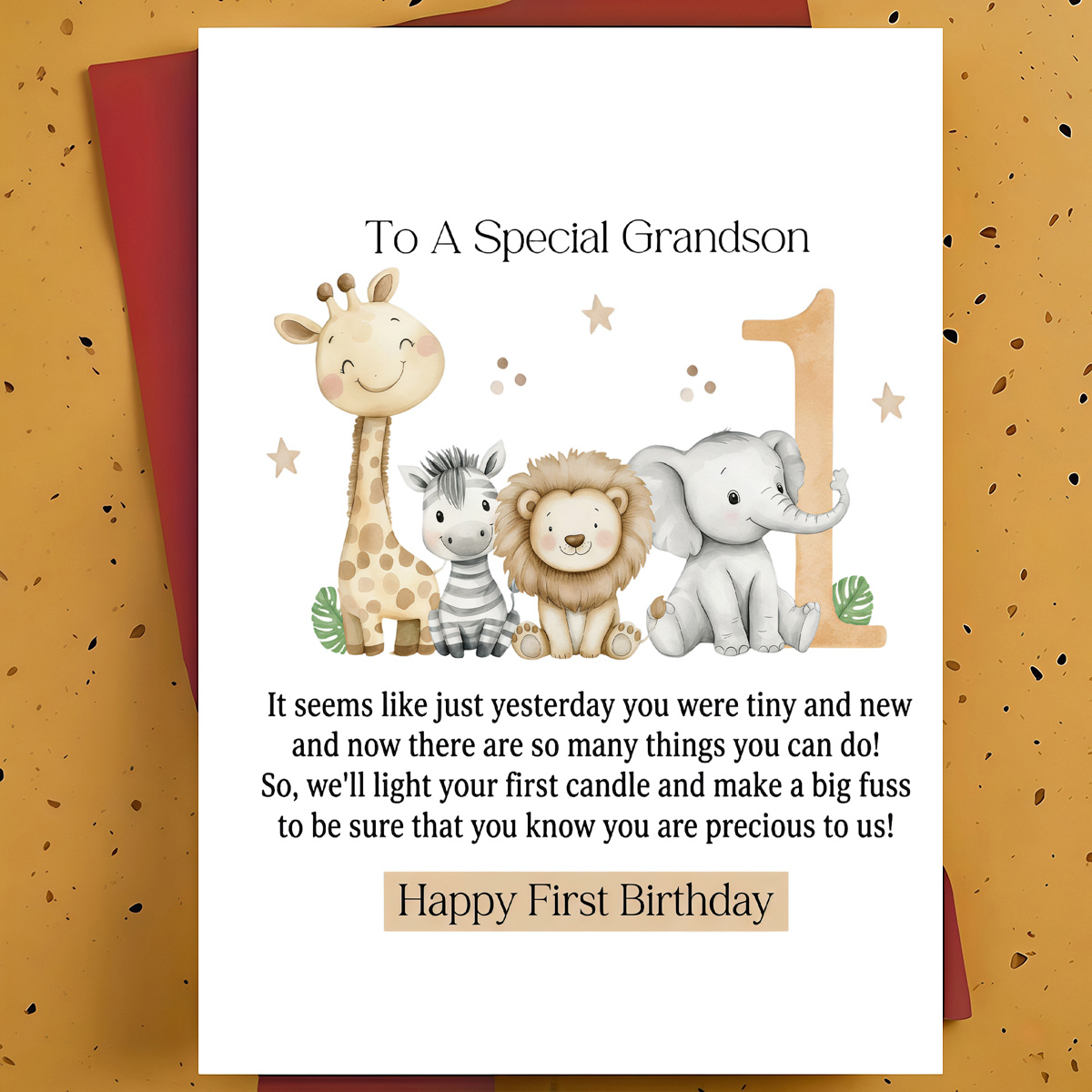 TEMU 1pc 1st Birthday Greeting Card For Grandson, Grandchild – Animals Watercolor Cartoon, Sweet Card, With Envelope