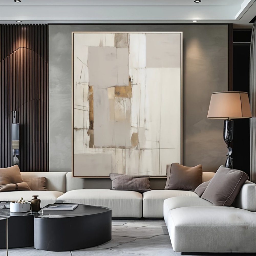 Large Modern Abstract Hand-Painted Framed Canvas Wall Art - Neutral Beige Brown Gray White Black Textured Oil Painting - Extra Large Mural Suitable for Living Room, Bedroom, Office Decor - Designer-Friendly Neutral Palette, Framed Ready to Hang