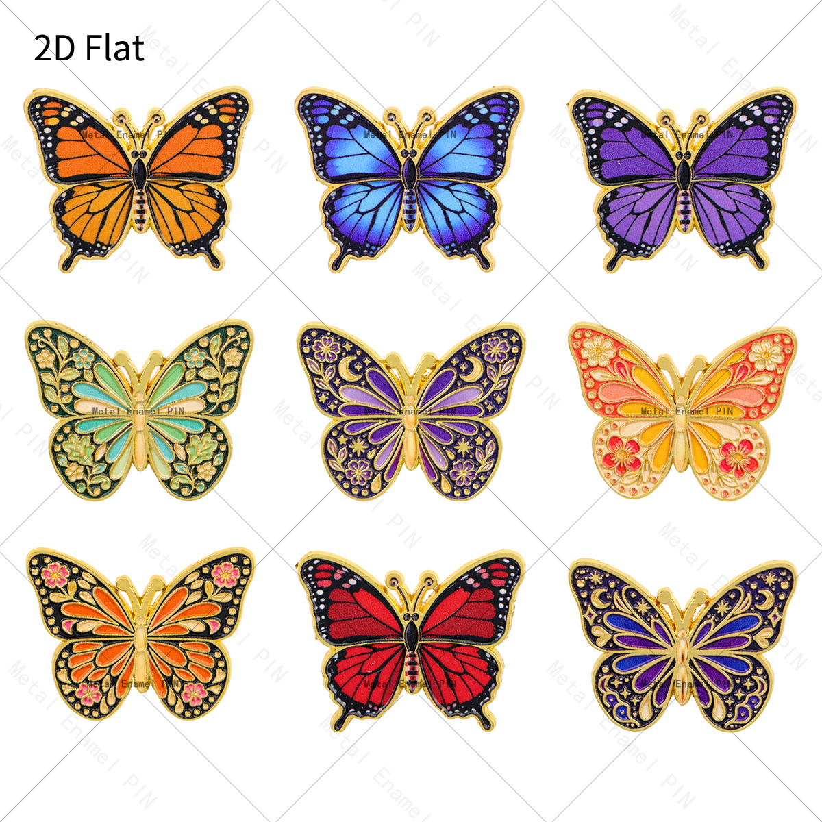 TEMU 2D Platte 9-delige Vintage Bloem- en Vlinderreversspelden Emaille Spelden en Broches Badge Spelden voor Rugzakken Tassen Rugzak Cool Decoratie