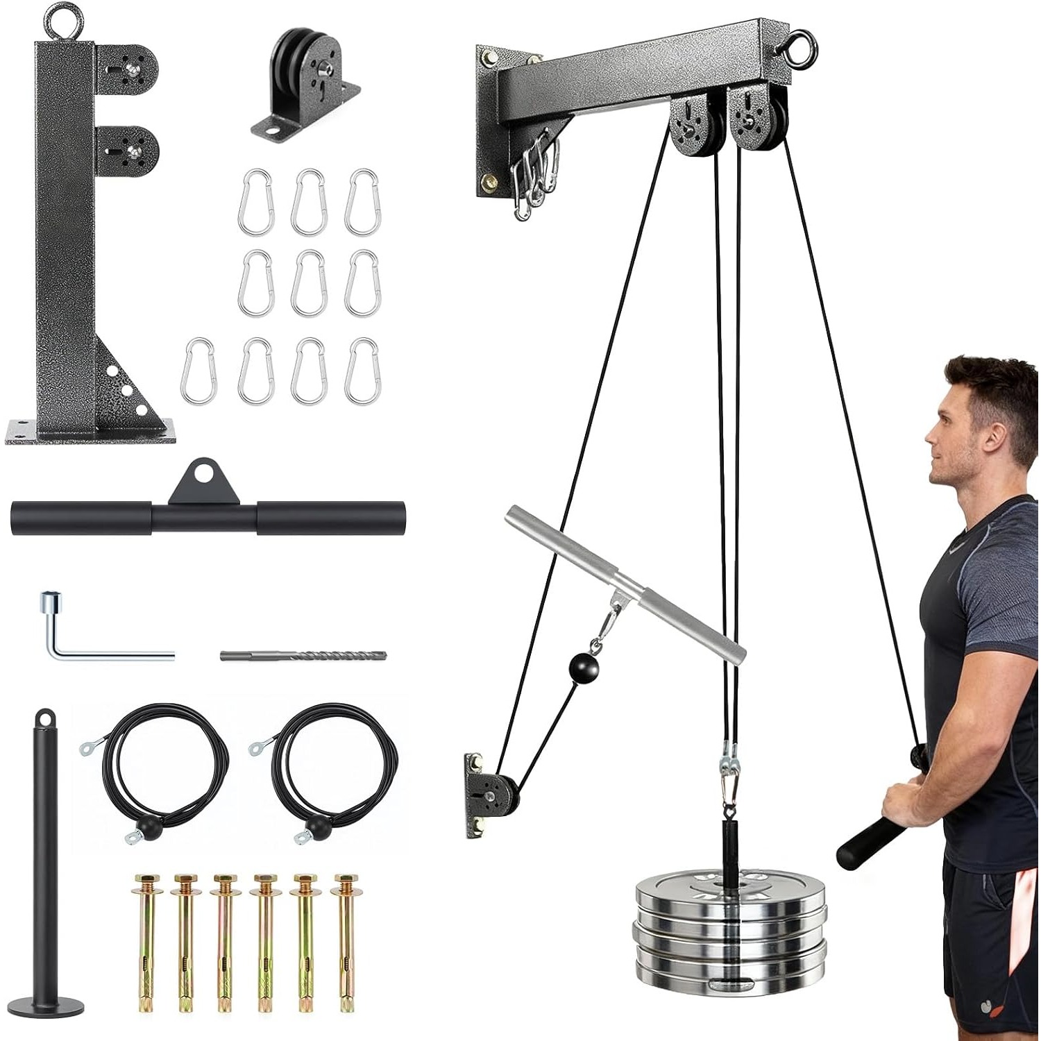 Wall-mounted Gym Pulley System, Adjustable Cable Training Set For Home Strength Workouts With Handles & Bar