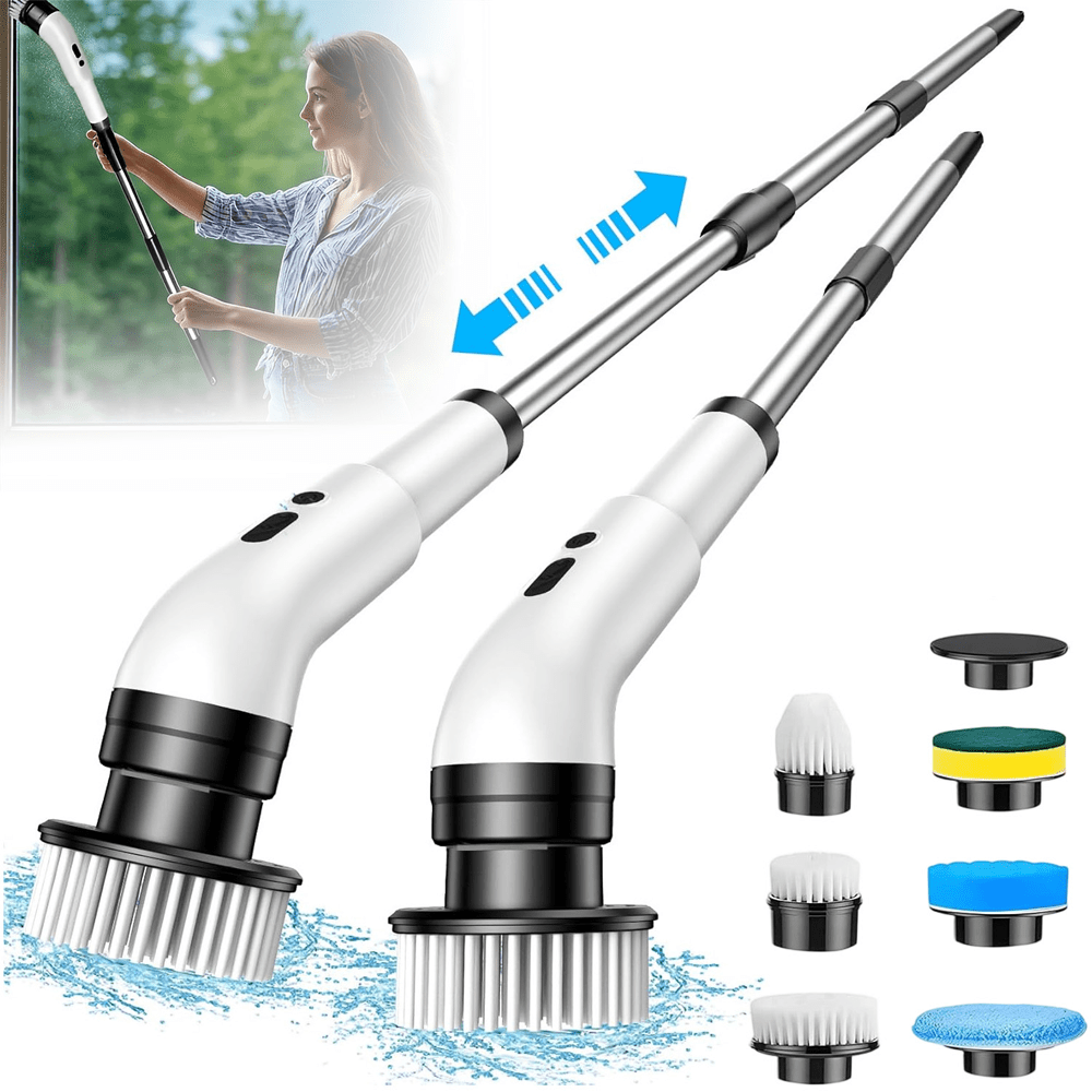 Image of Telescopic Long Handle Scrub Brush Set With 6 Replaceable Brush Heads, Multifunctional Cleaning Tool For Bathtub Sink Window And Floor Washing