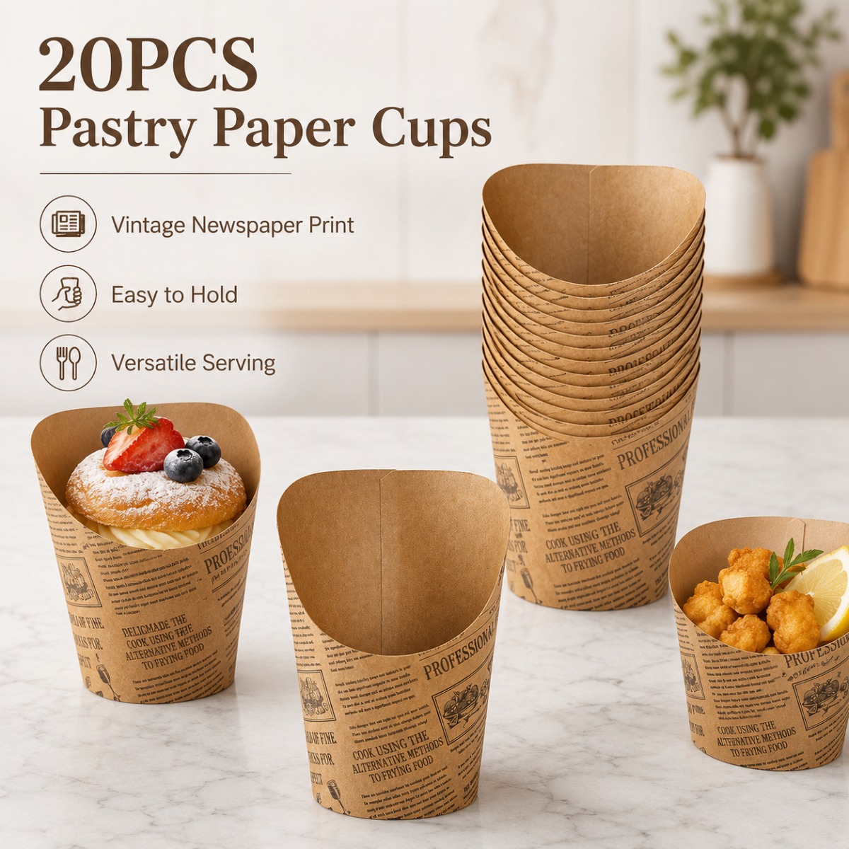 TEMU 20pcs Newspaper Print Slanted Pastry Paper Cups - Grease-resistant Suitable For Fries, Desserts, , Cakes | Suitable For Parties, Picnics,