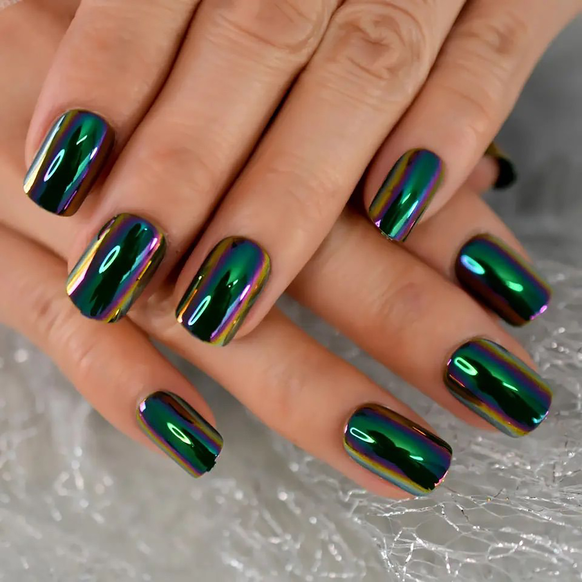 TEMU 48pcs Green Iridescent Metallic Press On Nails Reusable With Chrome Finish - Fake Nails Suitable For Spring Summer, Day, Night Out & Casual Wear