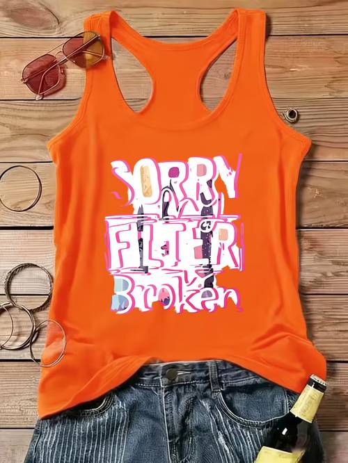 casual summer style womens orange vest sorry im filter broken graphic print top for beach and casual attire perfect gift for