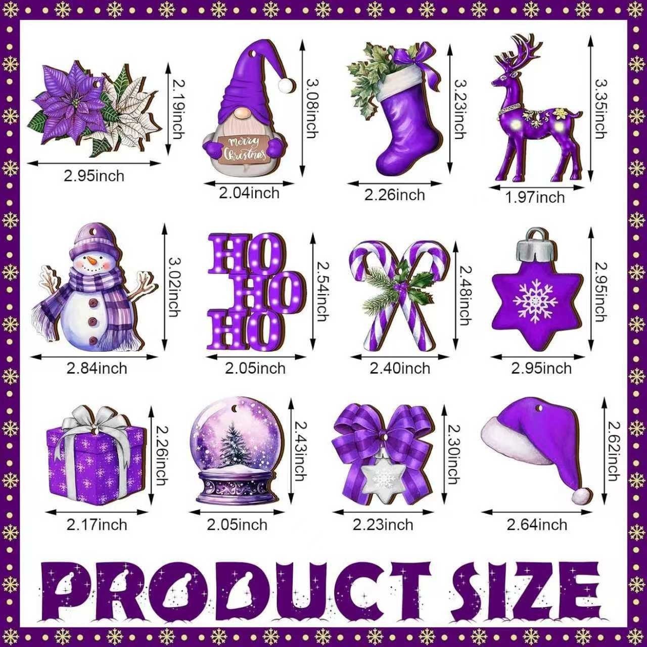 TEMU 24pcs Purple Christmas Wooden Pendant Set Snowman Dwarf Deer Hanging Christmas Tree Decoration Home Decoration Holiday Ornaments Hanging