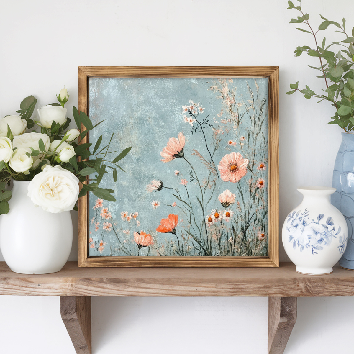 TEMU 1pc Vintage Botanical Wood Framed Wall Hanging - Small Orange Flowers & Branches Rustic Wood Grain Panel - 8x8 Inch Housewarming Gift Suitable