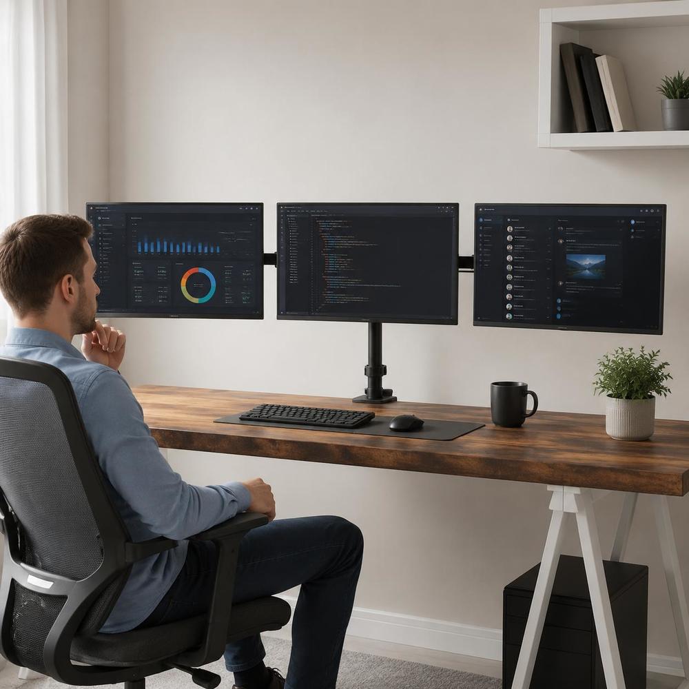 Image of Triple Monitor Mount, Desk Arm For , Vesa 75/100mm, Adjustable Tilt Swivel Height, C Clamp Cable Management, Black