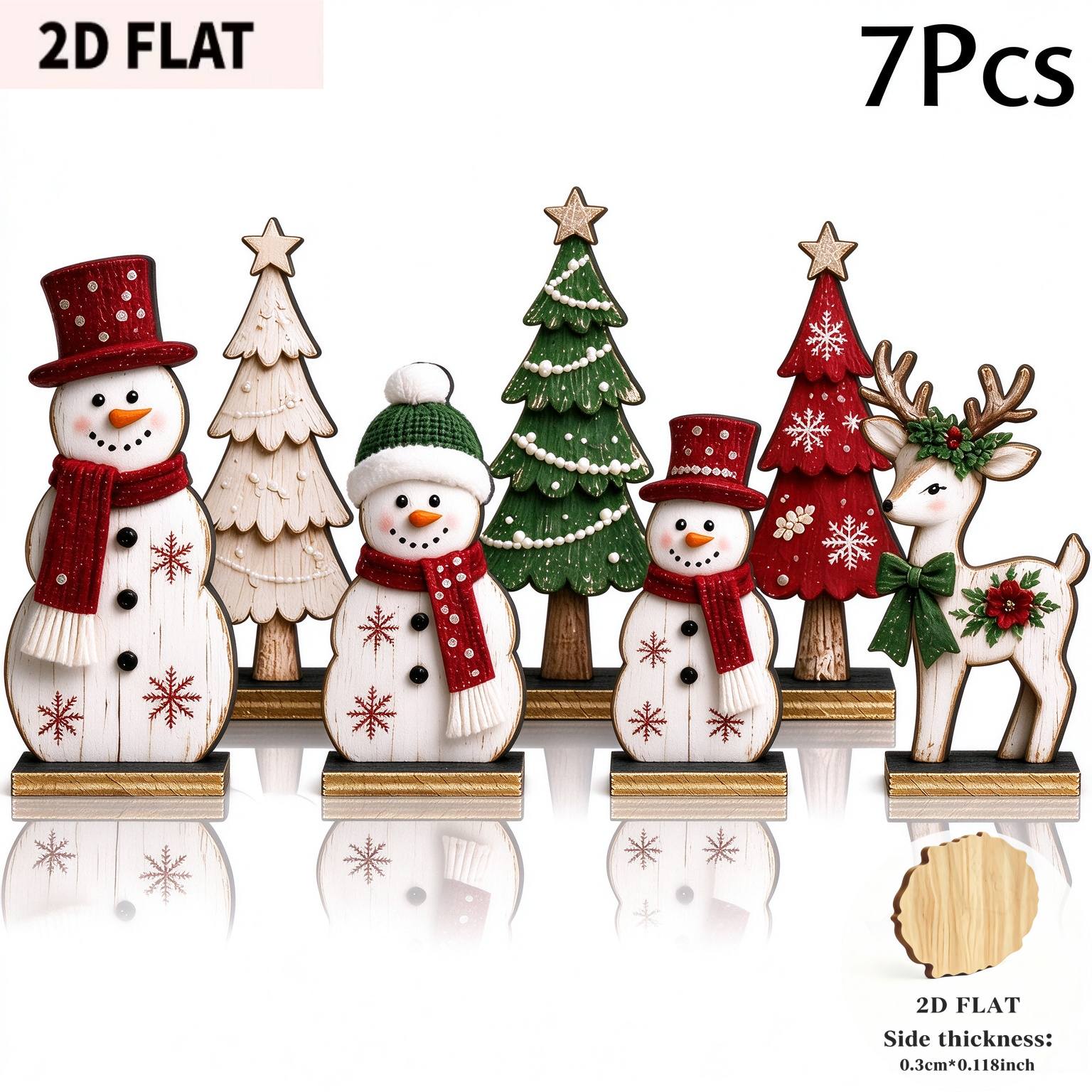 TEMU Decorazioni natalizie piatte 2D, 7 pezzi, decorazioni da in legno con pupazzi di , alberi e , con combinazioni , e verde, vassoio a pi羅 livelli