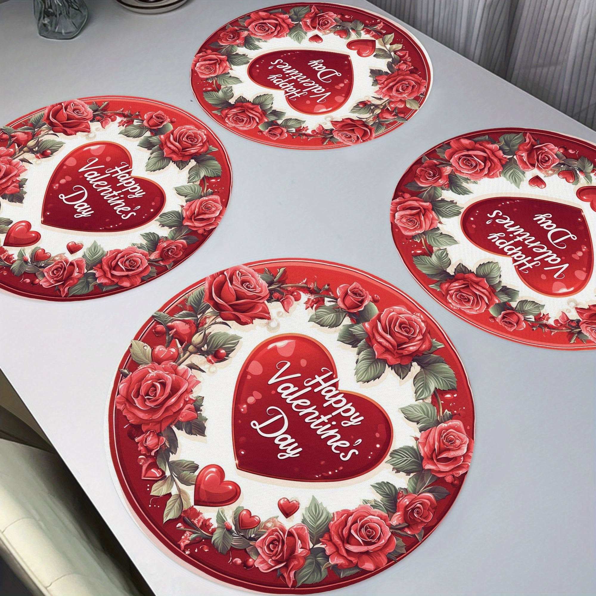 

4-pack Valentine's Day Placemats, 15" Round Polyester Woven Table Mats With , Non-slip, Washable, For Home, Kitchen, Banquet Decor