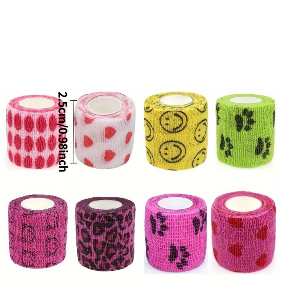 Image of 8-roll Mixed Breathable , Self-adhesive Sports Tape, Designs, , Portable And Durable, Suitable Dogs, Cats, Animals, Multiple Colors And Patterns(heart Shape, Small Face Pattern, Paw Print