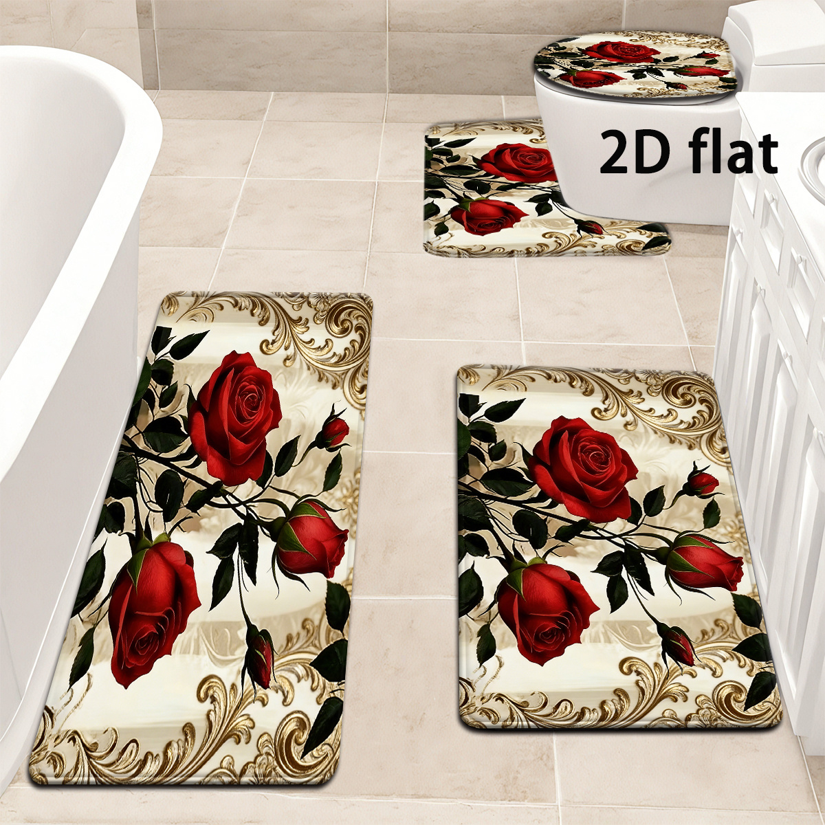TEMU 2d Flat, 2d Flat, 2d Flat Printing 3pcs/4pcs Red Rose Golden Embossed Bathroom Mats In European , Including A Set Of Bathroom Mats, Toilet Seat
