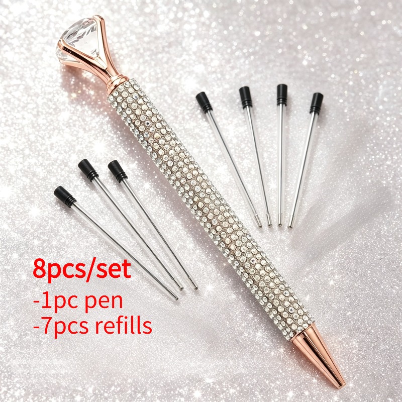 TEMU 8pcs Light -drill Ballpoint Pen Set(1 Pen + 7 Refills), Shiny Artificial Diamonds, Creative Gift Writing Pen, Stylish Writing, Premium
