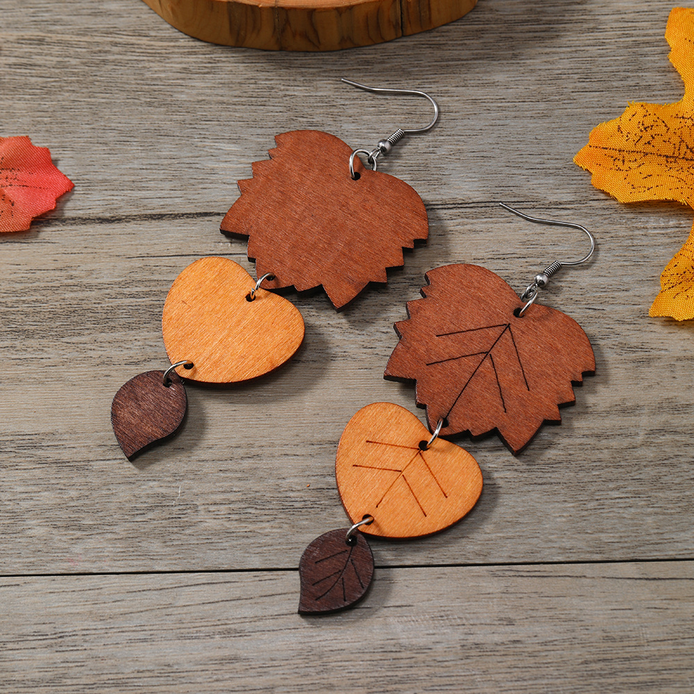 Women's Vintage Brown Leaf Wood Long Earrings, Ethnic Style