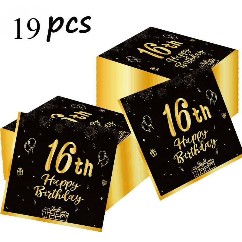 E-shop 19-teilige neue schwarz-goldene Servietten zum 16. Geburtstag, Einweg-Servietten geeignet für dekorative Themenparty-Servietten, geeignet für