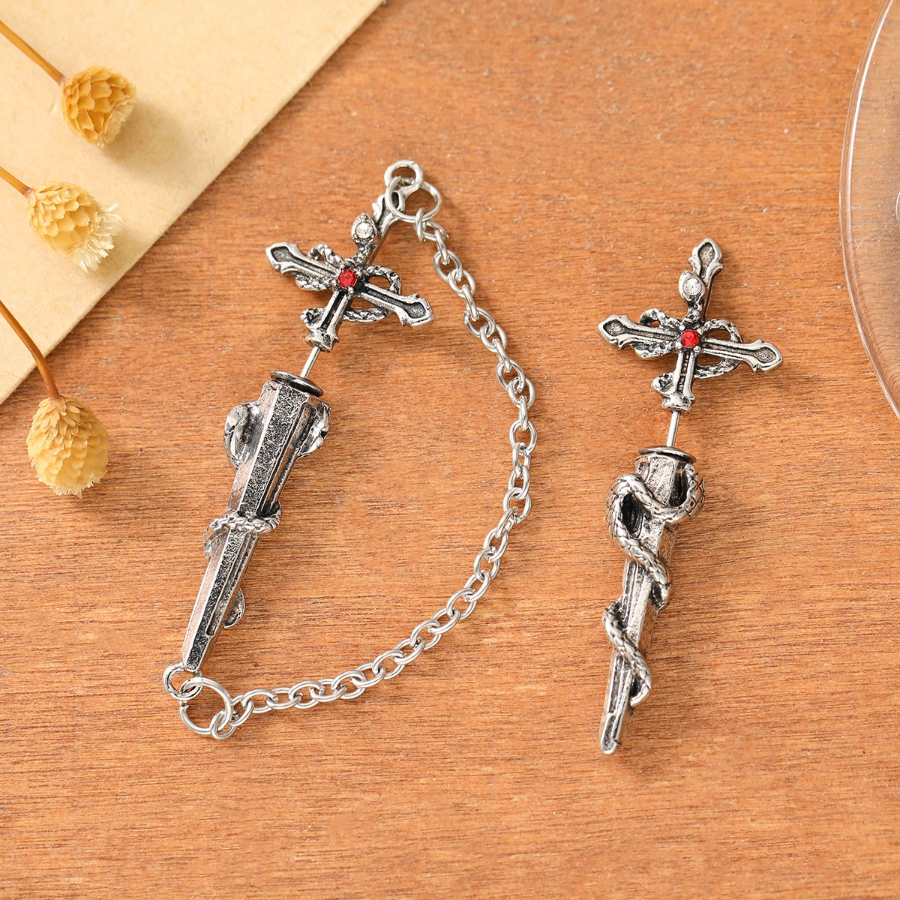 Image of Vintage Gothic Style Cross Sword-shaped Snake Pattern Inlaid Synthetic Zirconia Earrings, Suitable For Everyday Casual Wear, Parties, And Birthday Celebrations