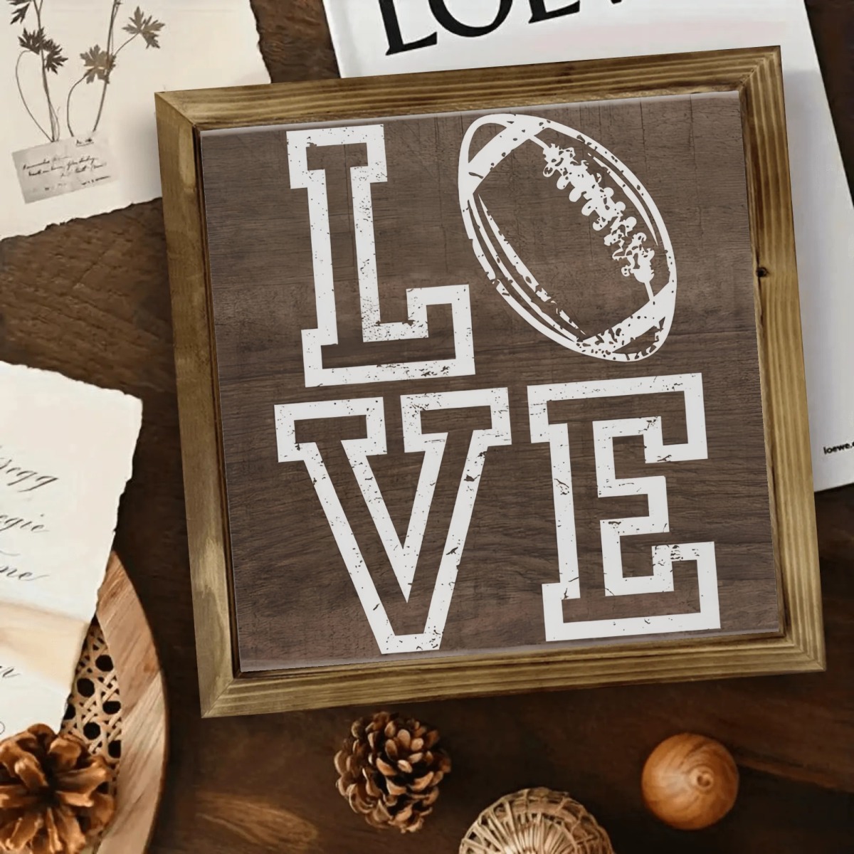 TEMU Football Love 8x8" Wooden Decorative Frame - Retro American Football Art & Design, Rustic Decor, Perfect Gift For Sports Fans, Family & ,
