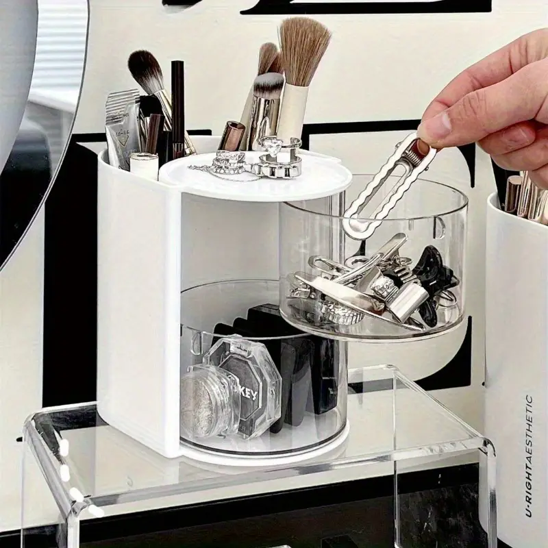 1pc versatile desktop cosmetic display travel friendly rotating dust resistant makeup egg air cushion organizer for dressing tables multi tier lipstick and makeup brush holder with high storage capacity Product details 1