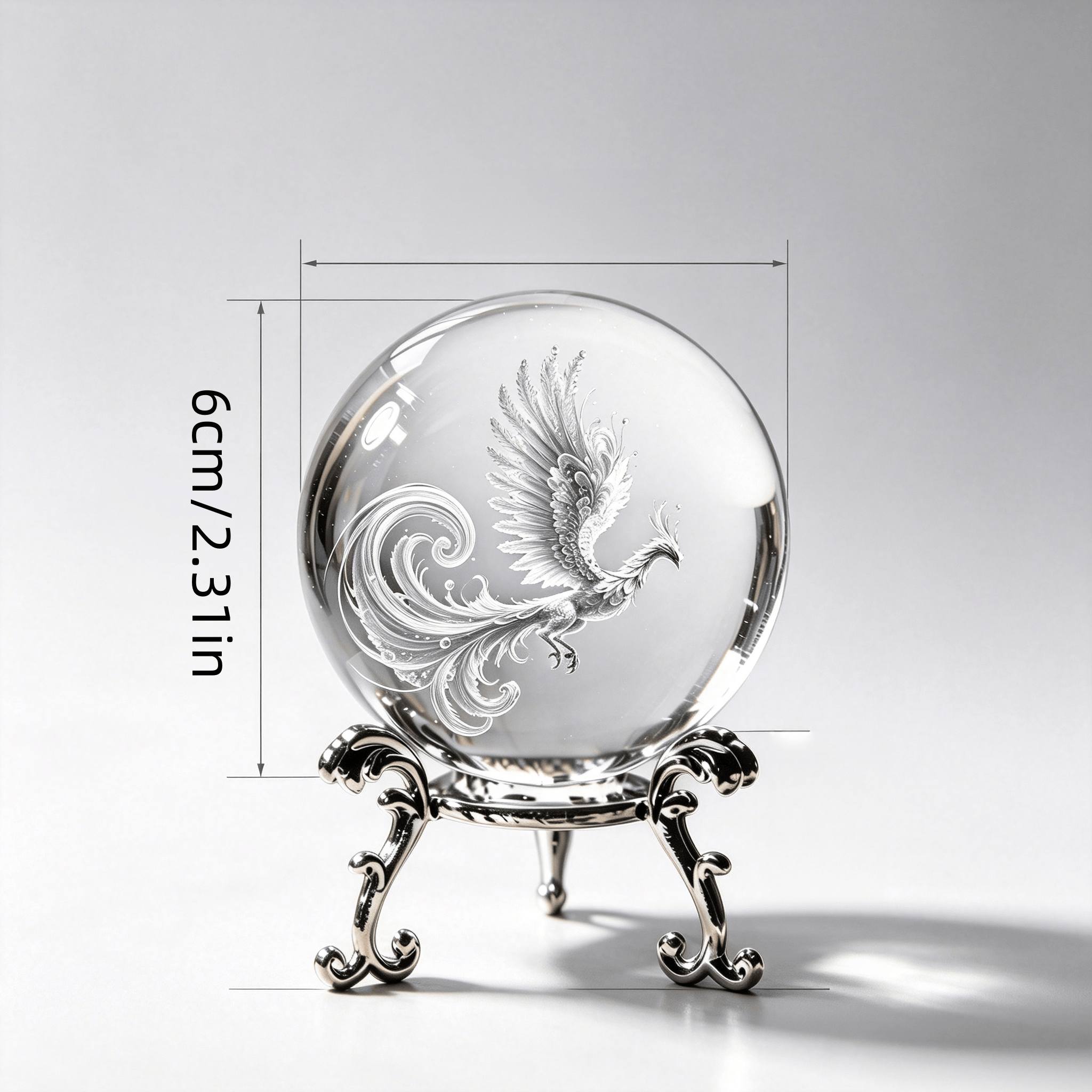 TEMU 3d Phoenix Inner-carved Crystal Ball Ornament With Vintage Metal Stand, Transparent Crystal Craft, Creative Desktop Decoration For Holidays And