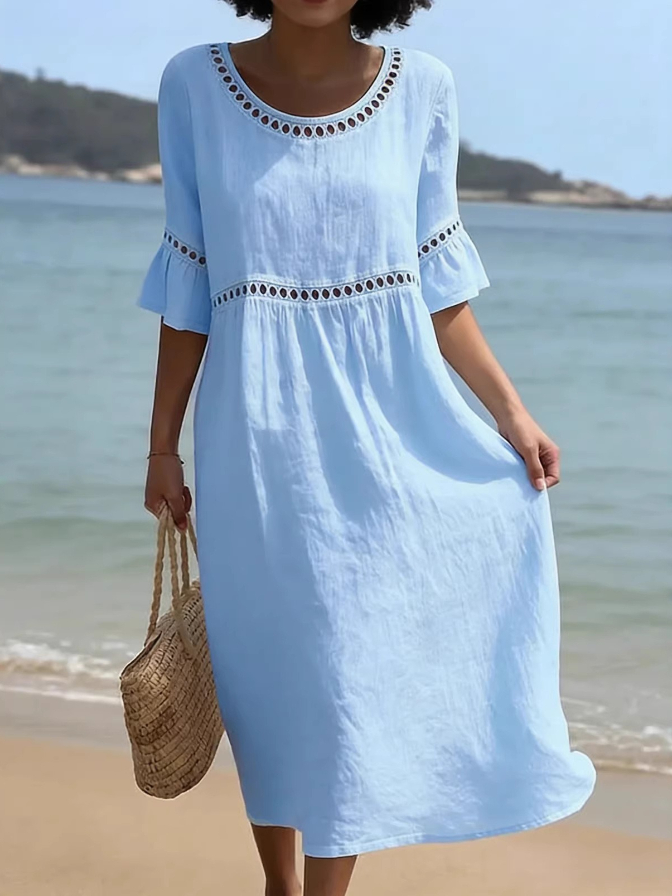 2026 new elegant womens summer clothes solid color short sleeved round neck dress for women   openwork design sophisticated dresses for lady pull over loose   outfits for beach vacation casual occasions