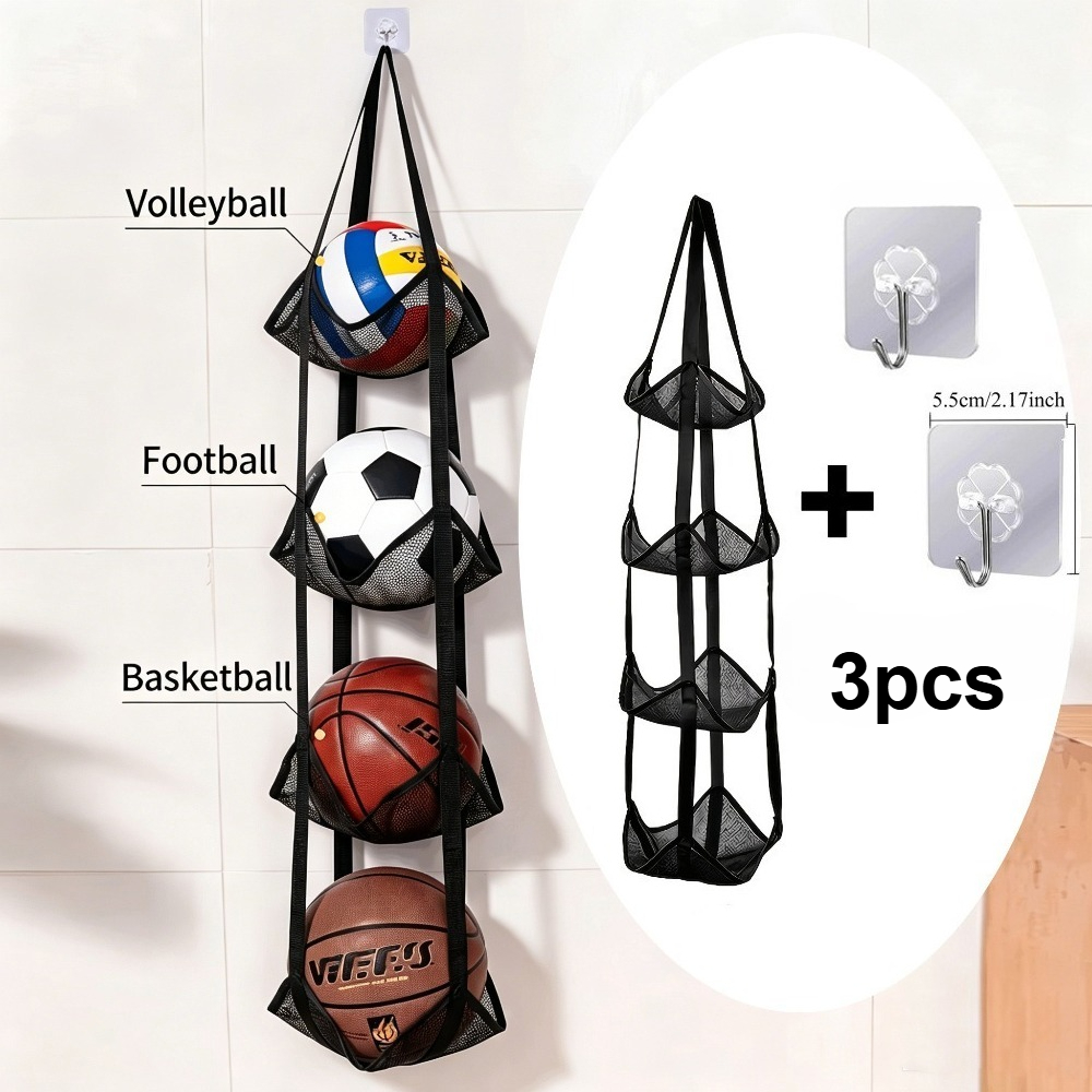 TEMU Hanging Bag With Hooks, A Household Punch-free Wall-mounted Ball Storage Bag Featuring Strong, Damage-free Hooks. The Mesh Pocket Can Store