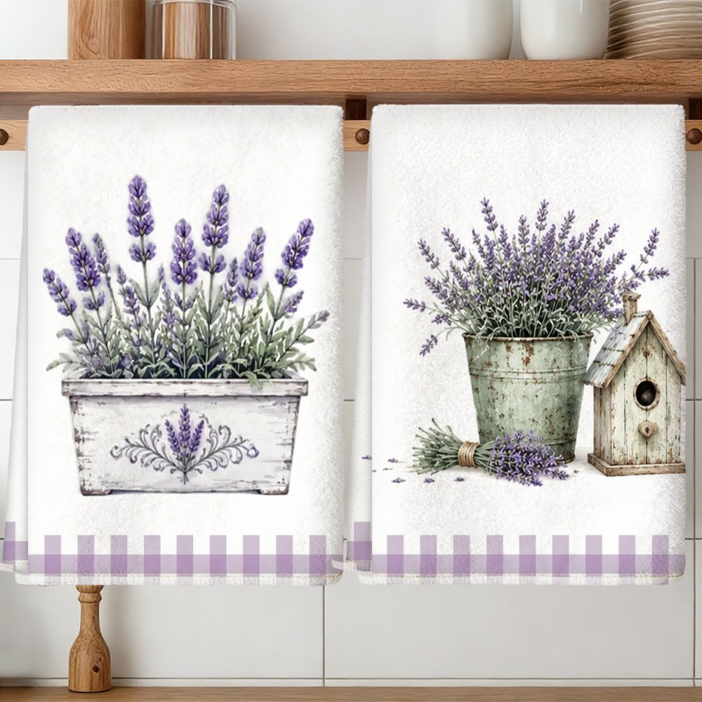 TEMU 2pcs Lavender Flower Microfiber Kitchen Towels Suitable For Cleaning, Soft Absorbent Dish Cloths & Tea Towels With Lavender Plant, Durable