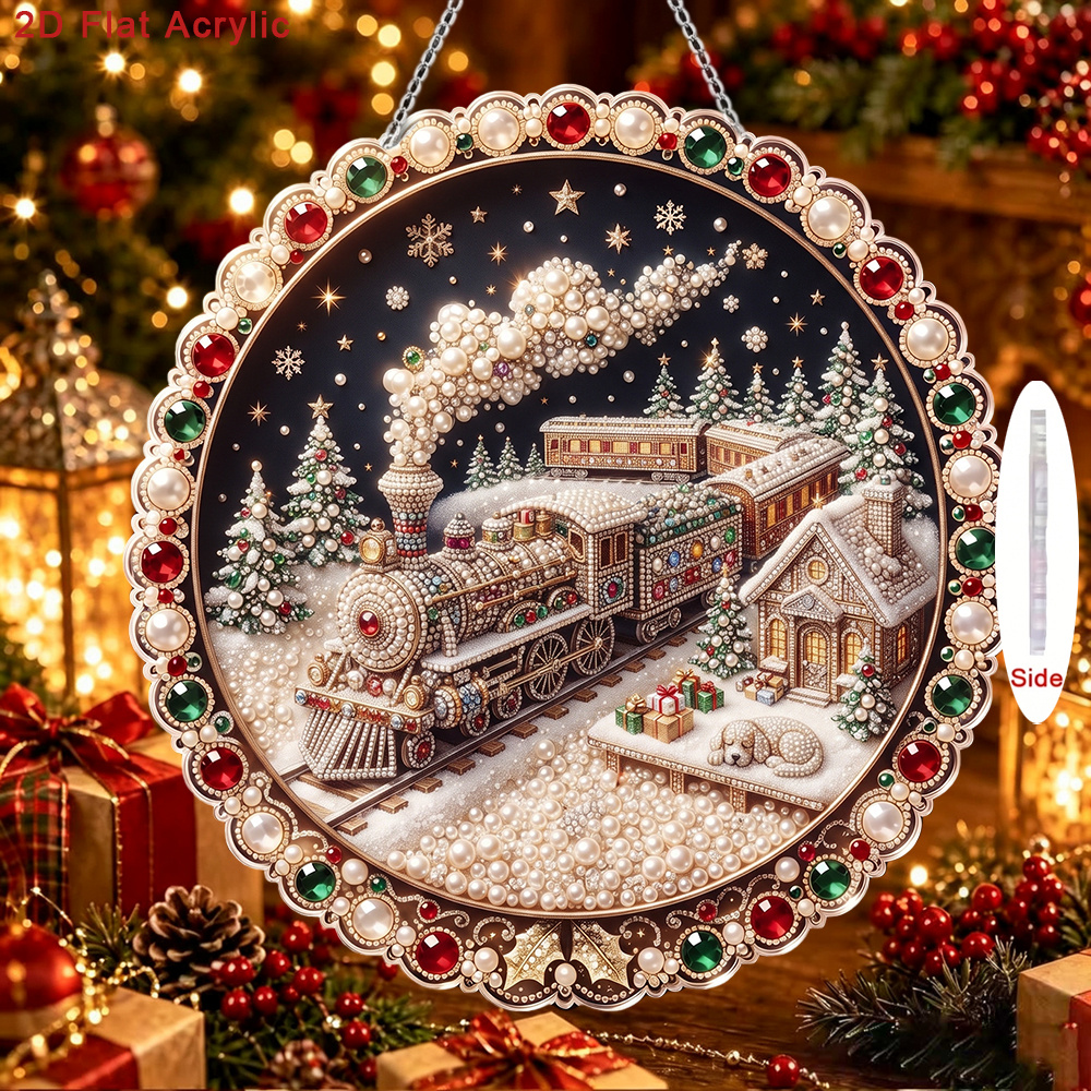 TEMU 2d Flat, Full Diy Christmas Steam Train Snow Scene Rhinestone & Pearl Wall Hanging Kit - Wavy Round Acrylic Craft With Chain, Pearl Drill Tool &